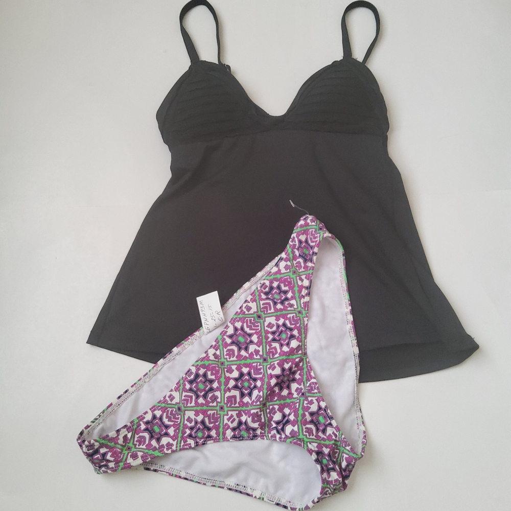 Robin Piccone Black Tankini Top with Purple Patterned Bikini Bottom